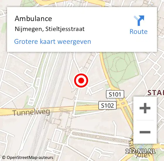 Locatie op kaart van de 112 melding: Ambulance Nijmegen, Stieltjesstraat op 20 september 2018 03:55