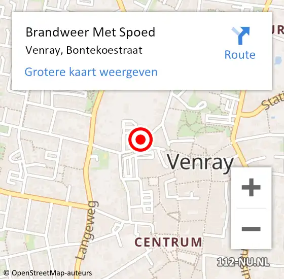 Locatie op kaart van de 112 melding: Brandweer Met Spoed Naar Venray, Bontekoestraat op 20 september 2018 10:58