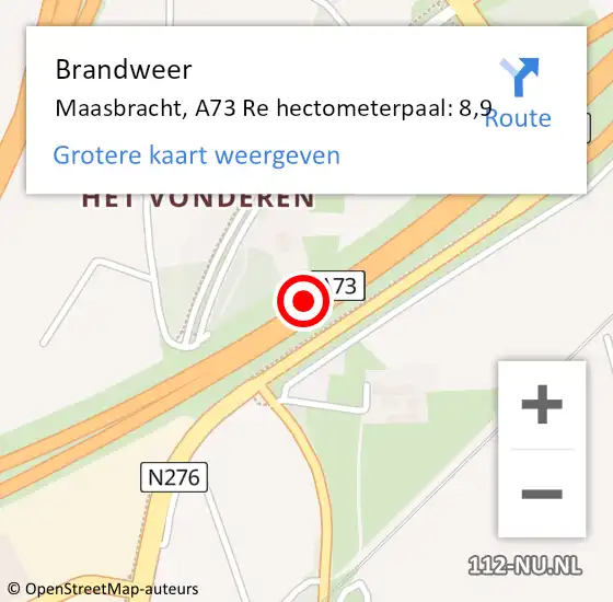 Locatie op kaart van de 112 melding: Brandweer Maasbracht, A73 Re hectometerpaal: 8,9 op 20 september 2018 16:46