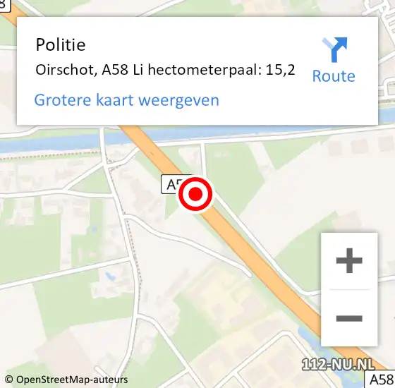 Locatie op kaart van de 112 melding: Politie Oirschot, A58 Re hectometerpaal: 19,8 op 21 september 2018 00:33