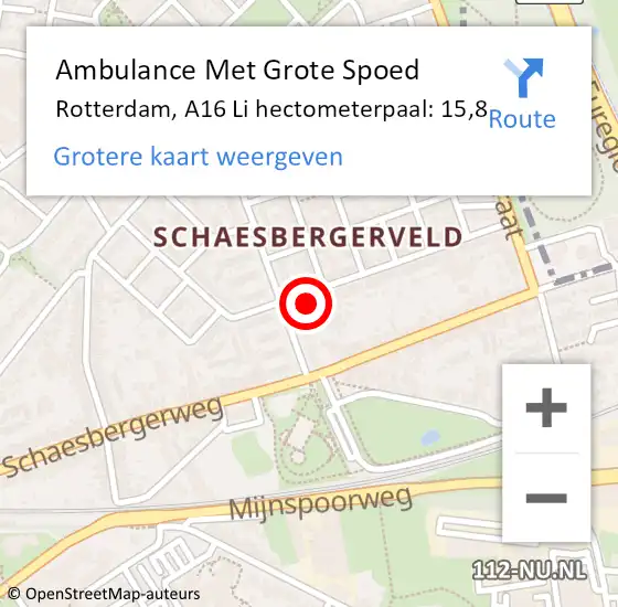 Locatie op kaart van de 112 melding: Ambulance Met Grote Spoed Naar Rotterdam, A16 Li hectometerpaal: 15,8 op 21 september 2018 07:30