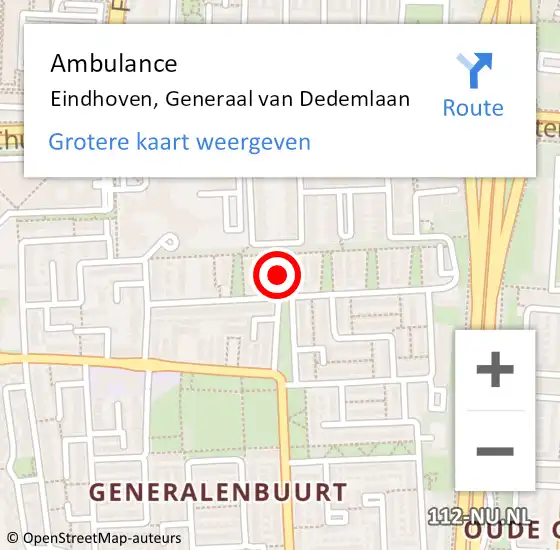 Locatie op kaart van de 112 melding: Ambulance Eindhoven, Generaal van Dedemlaan op 21 september 2018 13:52