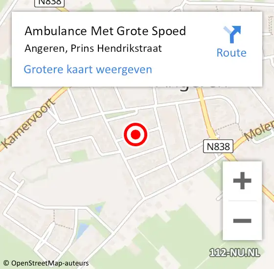 Locatie op kaart van de 112 melding: Ambulance Met Grote Spoed Naar Angeren, Prins Hendrikstraat op 23 september 2018 08:24
