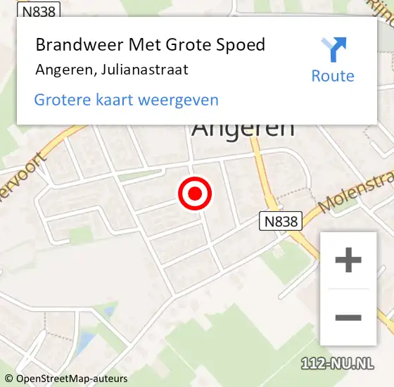 Locatie op kaart van de 112 melding: Brandweer Met Grote Spoed Naar Angeren, Julianastraat op 23 september 2018 16:36