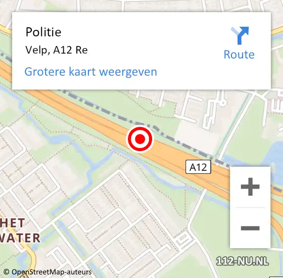 Locatie op kaart van de 112 melding: Politie Velp, A12 Re op 24 september 2018 09:55