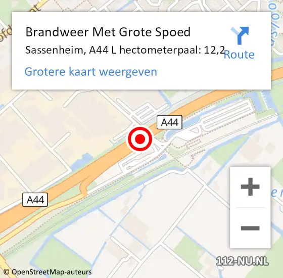 Locatie op kaart van de 112 melding: Brandweer Met Grote Spoed Naar Sassenheim, A44 L hectometerpaal: 12,2 op 26 september 2018 09:48
