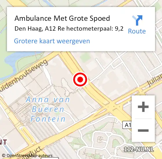 Locatie op kaart van de 112 melding: Ambulance Met Grote Spoed Naar Den Haag, A12 Re hectometerpaal: 10,7 op 28 september 2018 16:44