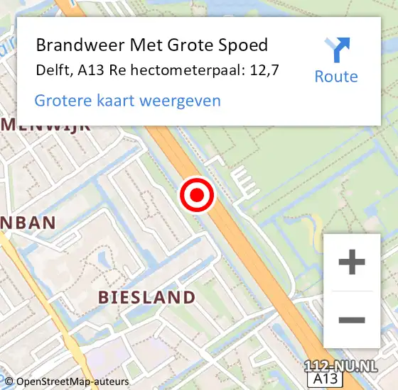 Locatie op kaart van de 112 melding: Brandweer Met Grote Spoed Naar Delft, A13 Li hectometerpaal: 8,0 op 29 september 2018 03:46