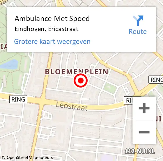Locatie op kaart van de 112 melding: Ambulance Met Spoed Naar Eindhoven, Ericastraat op 30 september 2018 15:42
