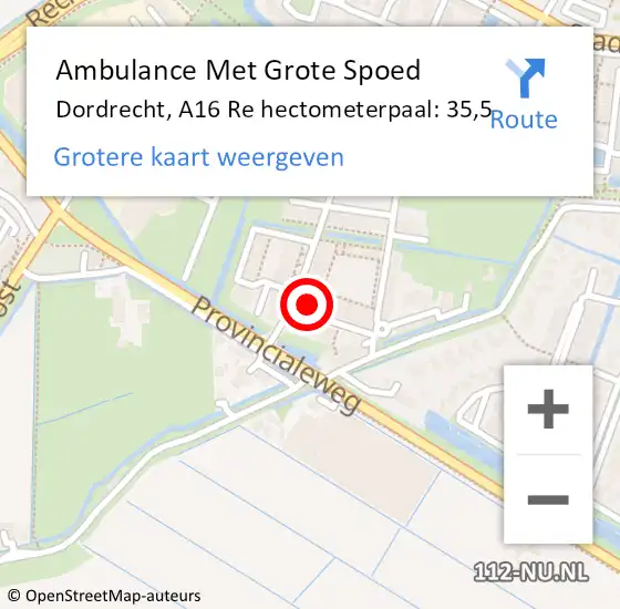 Locatie op kaart van de 112 melding: Ambulance Met Grote Spoed Naar Dordrecht, A16 Re op 1 oktober 2018 20:19