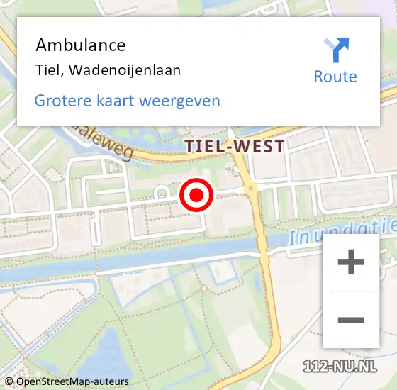 Locatie op kaart van de 112 melding: Ambulance Tiel, Wadenoijenlaan op 4 oktober 2018 13:10