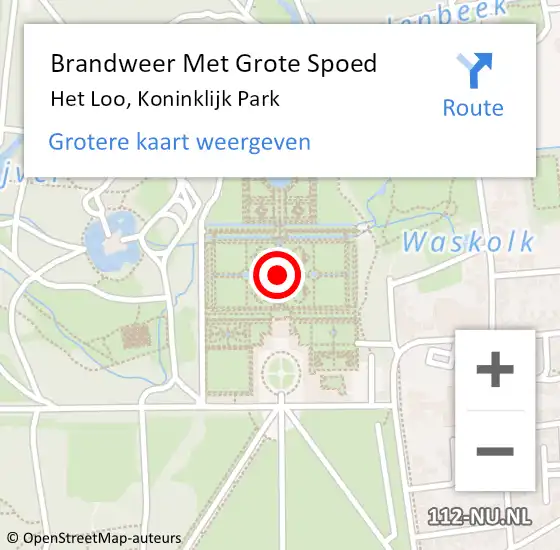 Locatie op kaart van de 112 melding: Brandweer Met Grote Spoed Naar Het Loo, Koninklijk Park op 6 oktober 2018 11:46