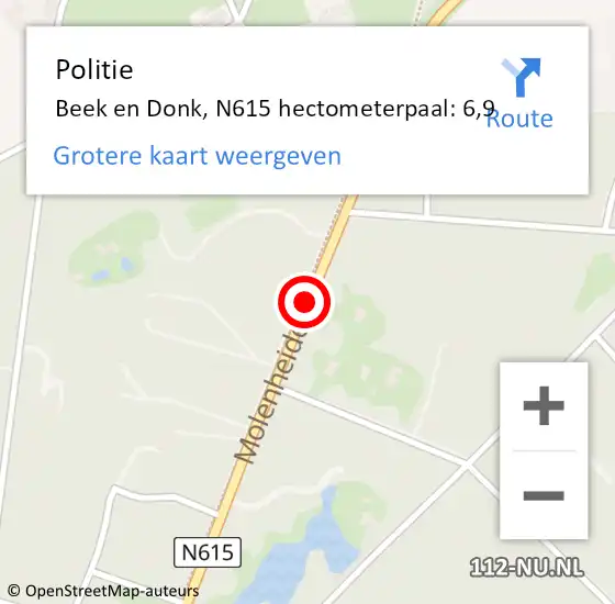 Locatie op kaart van de 112 melding: Politie Beek en Donk, N615 hectometerpaal: 6,9 op 10 oktober 2018 18:36