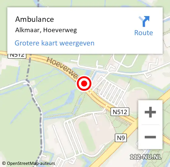 Locatie op kaart van de 112 melding: Ambulance Alkmaar, Hoeverweg op 12 oktober 2018 06:11