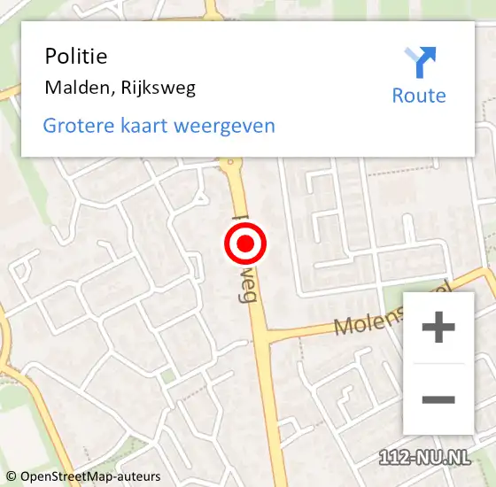 Locatie op kaart van de 112 melding: Politie Malden, Rijksweg op 15 oktober 2018 14:29