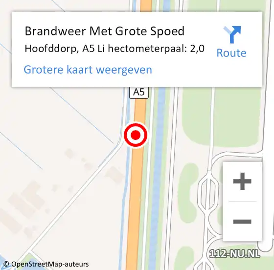 Locatie op kaart van de 112 melding: Brandweer Met Grote Spoed Naar Hoofddorp, A5 Li hectometerpaal: 2,0 op 15 oktober 2018 16:02