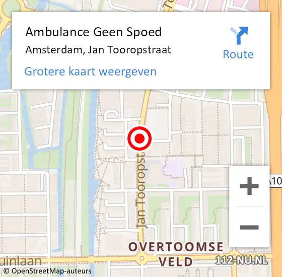 Locatie op kaart van de 112 melding: Ambulance Geen Spoed Naar Amsterdam, Jan Tooropstraat op 16 oktober 2018 12:01