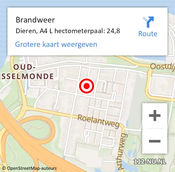 Locatie op kaart van de 112 melding: Brandweer Dieren, A4 L hectometerpaal: 24,8 op 17 oktober 2018 22:51