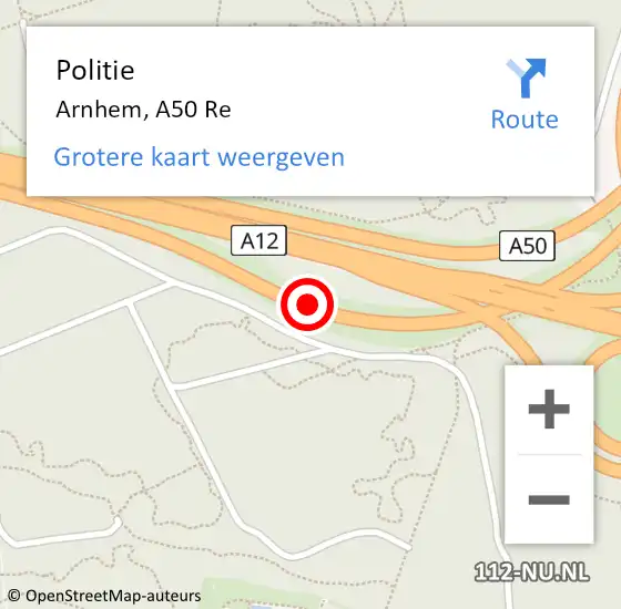 Locatie op kaart van de 112 melding: Politie Arnhem, A50 Re op 18 oktober 2018 16:48