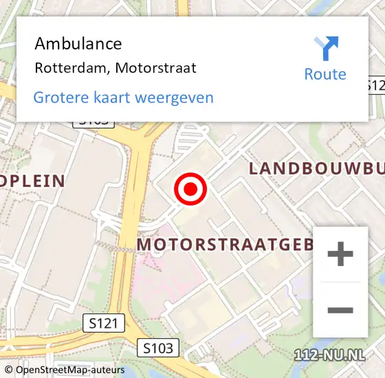Locatie op kaart van de 112 melding: Ambulance Rotterdam, Motorstraat op 19 oktober 2018 09:48