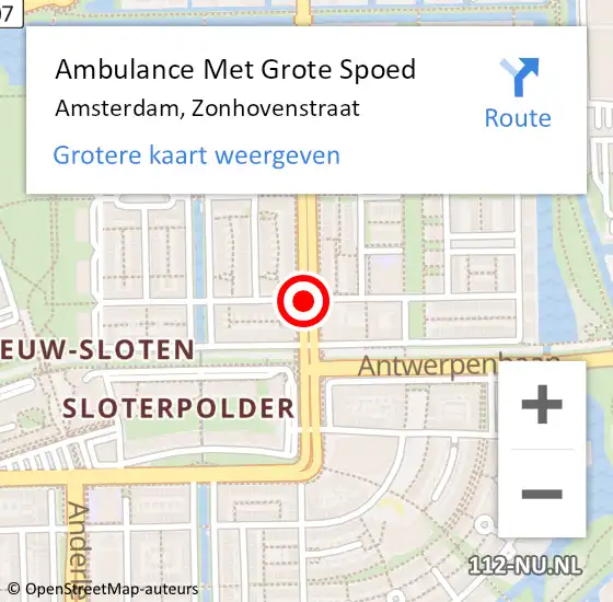 Locatie op kaart van de 112 melding: Ambulance Met Grote Spoed Naar Amsterdam, Zonhovenstraat op 21 oktober 2018 11:38