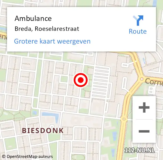 Locatie op kaart van de 112 melding: Ambulance Breda, Roeselarestraat op 22 oktober 2018 08:54