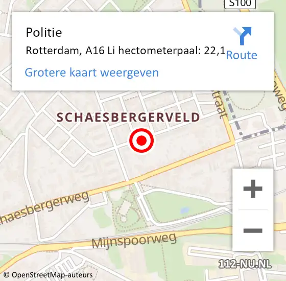 Locatie op kaart van de 112 melding: Politie Rotterdam, A16 Li hectometerpaal: 22,1 op 23 oktober 2018 16:31