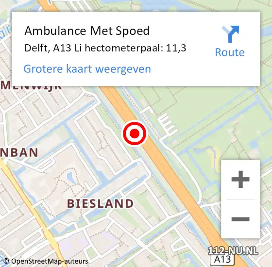 Locatie op kaart van de 112 melding: Ambulance Met Spoed Naar Delft, A13 Li hectometerpaal: 8,0 op 23 oktober 2018 21:22