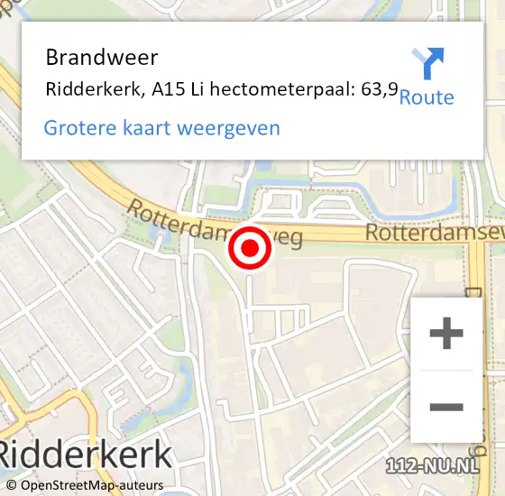 Locatie op kaart van de 112 melding: Brandweer Ridderkerk, A15 Li hectometerpaal: 63,9 op 24 oktober 2018 22:28