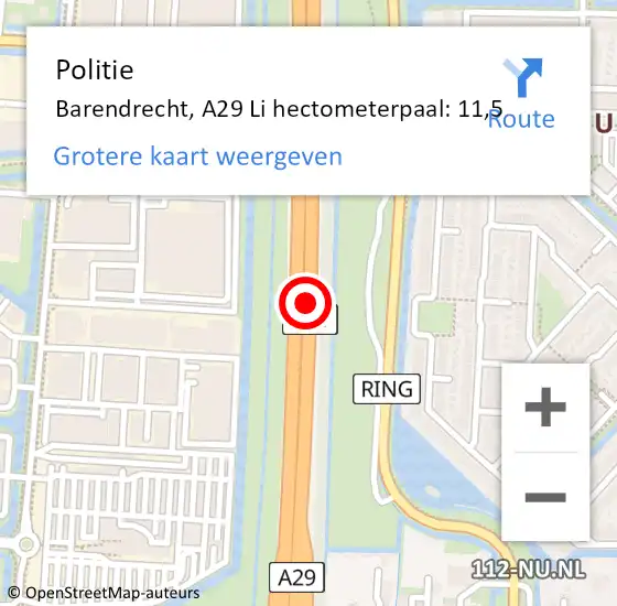 Locatie op kaart van de 112 melding: Politie Barendrecht, A29 Li hectometerpaal: 10,6 op 25 oktober 2018 11:29