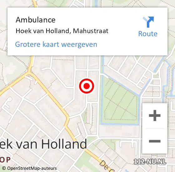 Locatie op kaart van de 112 melding: Ambulance Hoek van Holland, Mahustraat op 29 oktober 2018 00:30