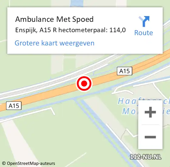 Locatie op kaart van de 112 melding: Ambulance Met Spoed Naar Enspijk, A15 R hectometerpaal: 114,0 op 29 oktober 2018 17:27