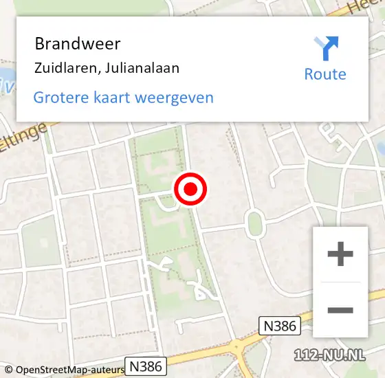 Locatie op kaart van de 112 melding: Brandweer Zuidlaren, Julianalaan op 31 oktober 2018 19:30