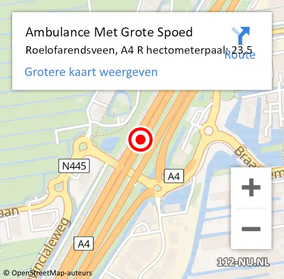 Locatie op kaart van de 112 melding: Ambulance Met Grote Spoed Naar Roelofarendsveen, A4 R hectometerpaal: 23,5 op 1 november 2018 17:32