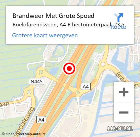 Locatie op kaart van de 112 melding: Brandweer Met Grote Spoed Naar Roelofarendsveen, A4 R hectometerpaal: 23,5 op 1 november 2018 17:56