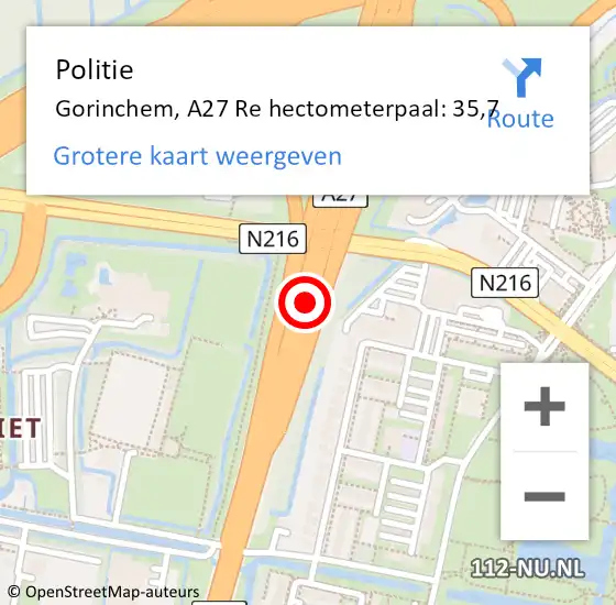 Locatie op kaart van de 112 melding: Politie Gorinchem, A27 Re hectometerpaal: 35,7 op 2 november 2018 13:48