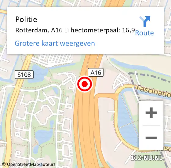 Locatie op kaart van de 112 melding: Politie Rotterdam, A16 Li hectometerpaal: 16,9 op 2 november 2018 13:51