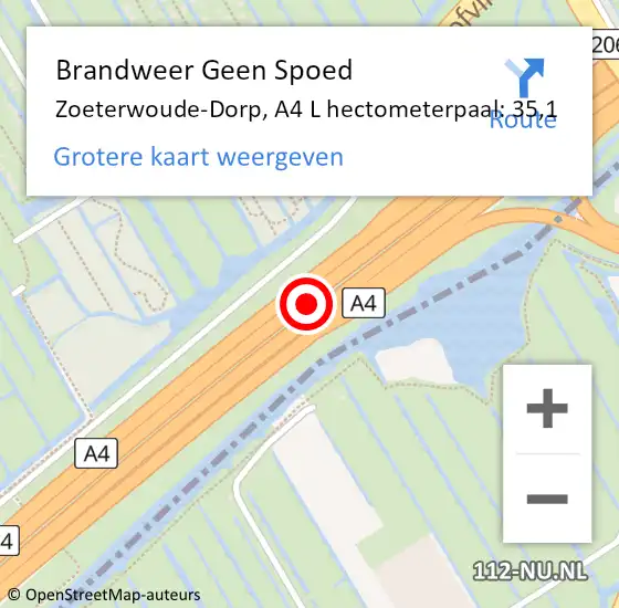 Locatie op kaart van de 112 melding: Brandweer Geen Spoed Naar Zoeterwoude-Dorp, A4 L hectometerpaal: 34,9 op 3 november 2018 10:14