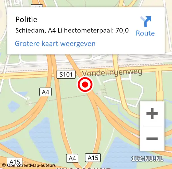 Locatie op kaart van de 112 melding: Politie Schiedam, A4 Li hectometerpaal: 70,0 op 3 november 2018 10:16