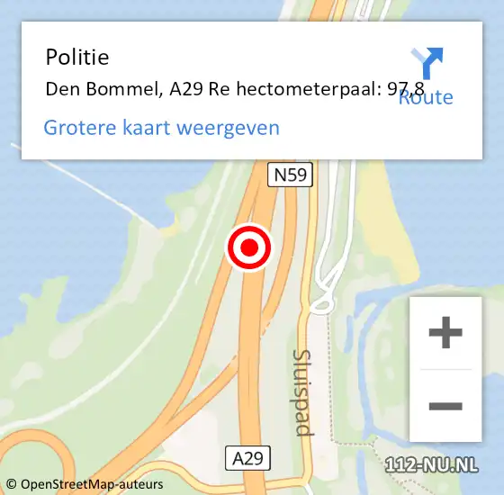 Locatie op kaart van de 112 melding: Politie Den Bommel, A29 Re hectometerpaal: 97,8 op 5 november 2018 18:03