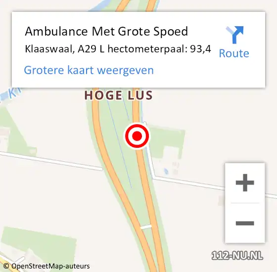 Locatie op kaart van de 112 melding: Ambulance Met Grote Spoed Naar Klaaswaal, A29 L hectometerpaal: 93,4 op 6 november 2018 05:31