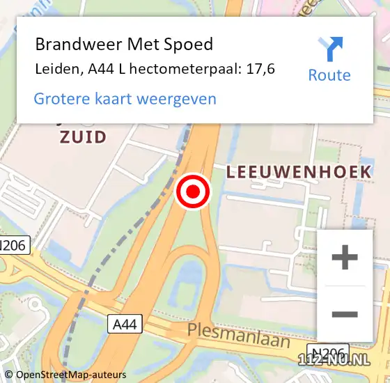 Locatie op kaart van de 112 melding: Brandweer Met Spoed Naar Leiden, A44 L hectometerpaal: 17,6 op 6 november 2018 09:15