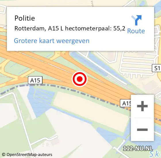 Locatie op kaart van de 112 melding: Politie Rotterdam, A15 L hectometerpaal: 55,2 op 9 november 2018 17:45