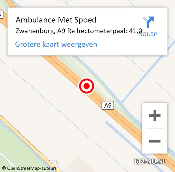 Locatie op kaart van de 112 melding: Ambulance Met Spoed Naar Zwanenburg, A9 Re hectometerpaal: 41,8 op 10 november 2018 15:56