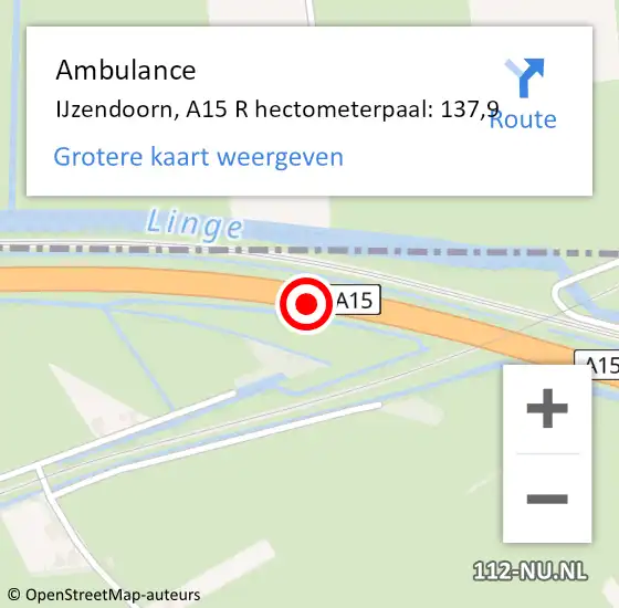 Locatie op kaart van de 112 melding: Ambulance IJzendoorn, A15 R hectometerpaal: 137,9 op 10 november 2018 20:13