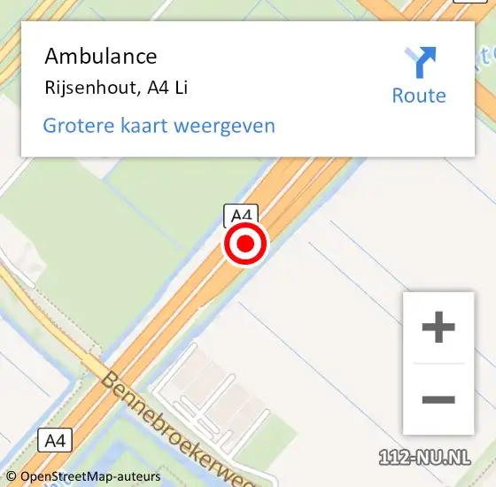Locatie op kaart van de 112 melding: Ambulance Rijsenhout, A4 Li op 10 november 2018 22:51