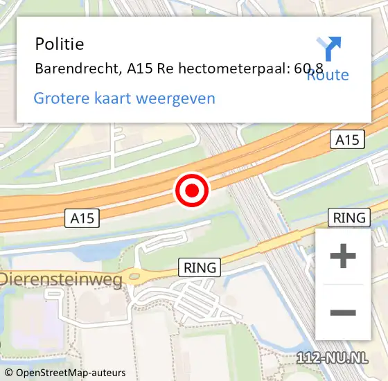 Locatie op kaart van de 112 melding: Politie Barendrecht, A15 Li hectometerpaal: 57,3 op 13 november 2018 15:45
