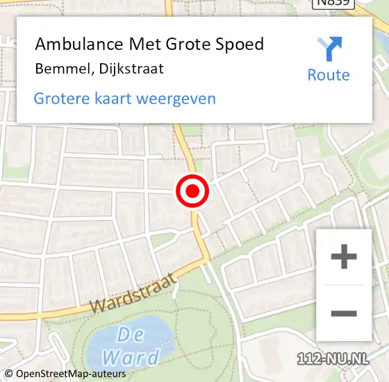 Locatie op kaart van de 112 melding: Ambulance Met Grote Spoed Naar Bemmel, Dijkstraat op 14 november 2018 01:51