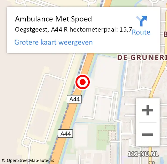 Locatie op kaart van de 112 melding: Ambulance Met Spoed Naar Oegstgeest, A44 R hectometerpaal: 15,7 op 14 november 2018 15:30