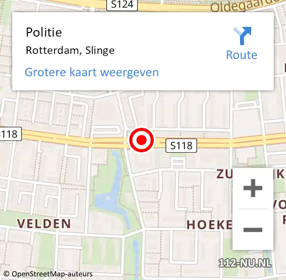 Locatie op kaart van de 112 melding: Politie Rotterdam, Slinge op 14 november 2018 21:12